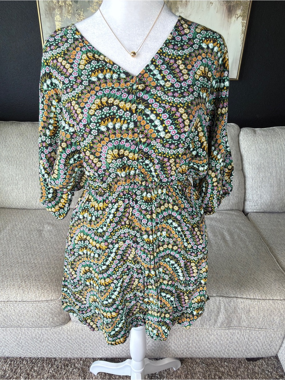 LOFT Green Floral V-Neck Elastic Waist Tunic